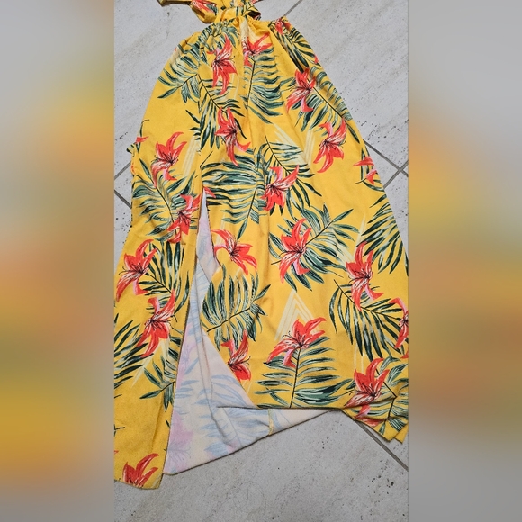 Tropical Print Backless Knot Halter Neck Slit Thigh Dress - Picture 4 of 5